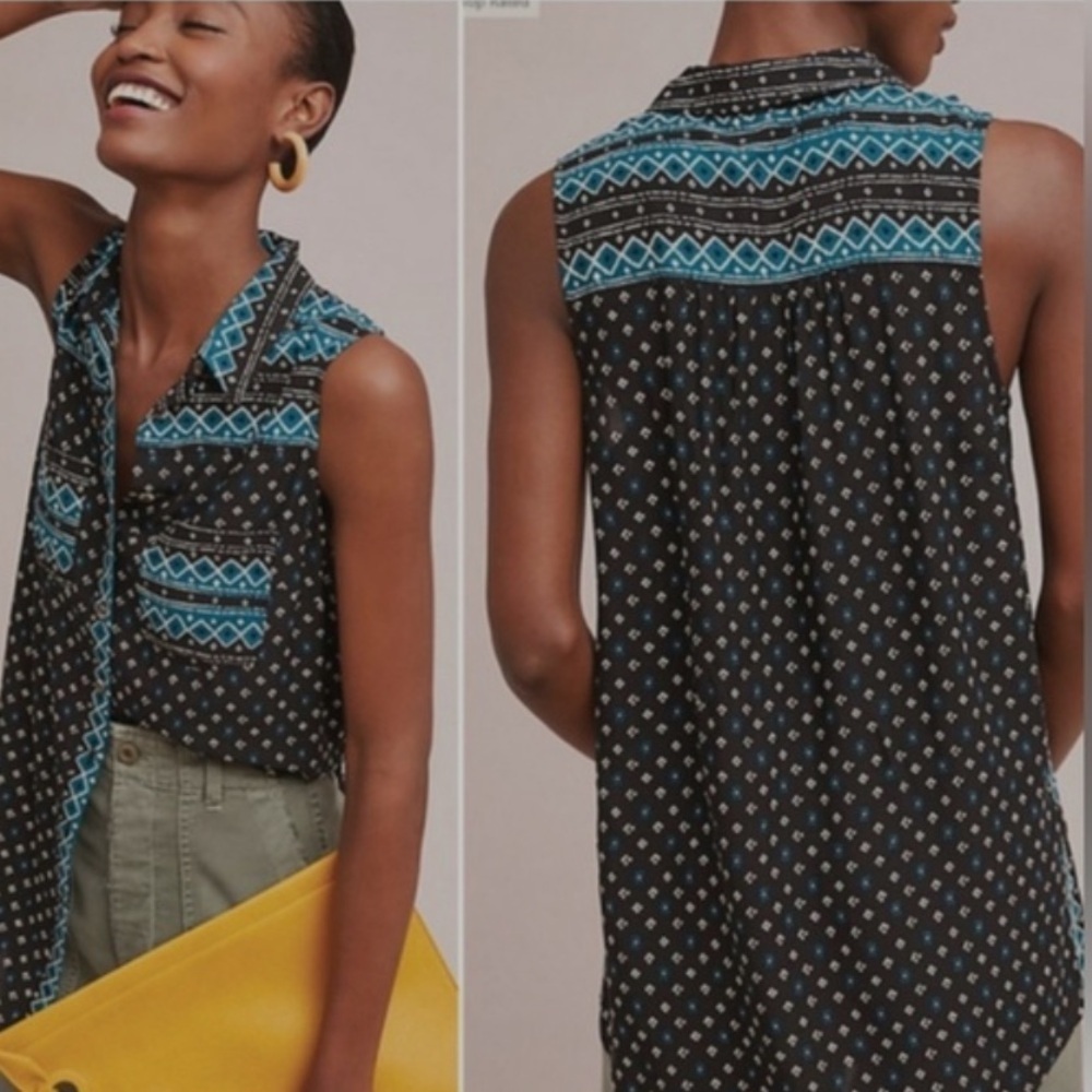 Anthropologie Akemi + Kin Boho Black and Teal Geometric Button-down Tank Blouse
